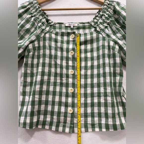 Madewell Linen-Cotton Gingham Puff Sleeve Top Green White Square Neck Blouse S - Picture 13 of 14